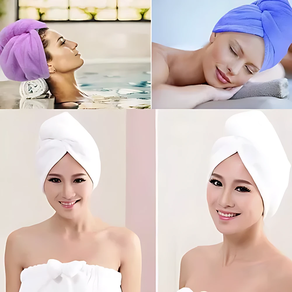 Gorro turbante de microfibra para secar cabello, azul y morado, en diferentes usos.