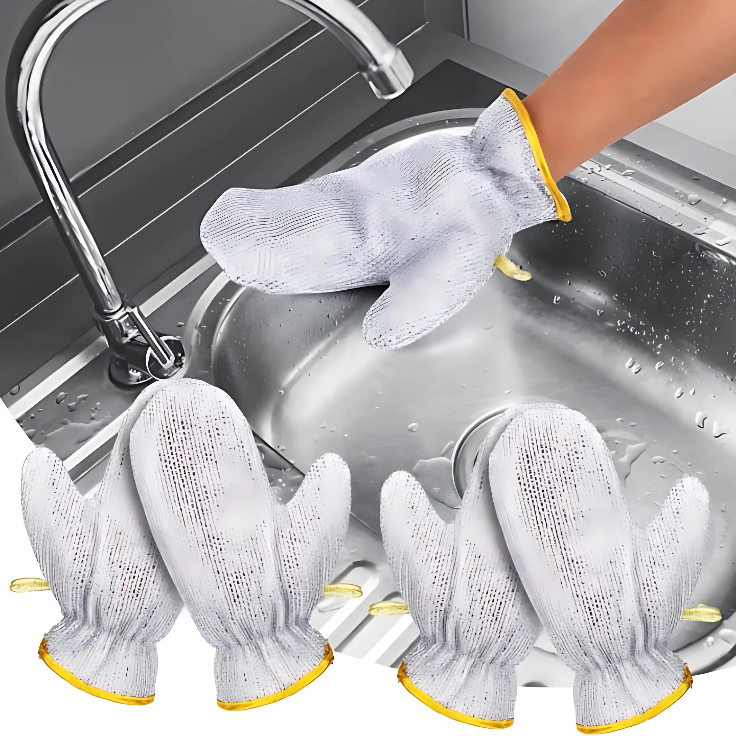 Dos pares de guantes de limpieza blancos con borde amarillo, ideales para lavar platos y proteger manos.