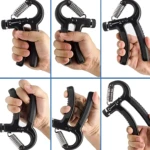 Manos sujetando ejercitadores de mano negros con resistencia ajustable de 5 a 60 kg.