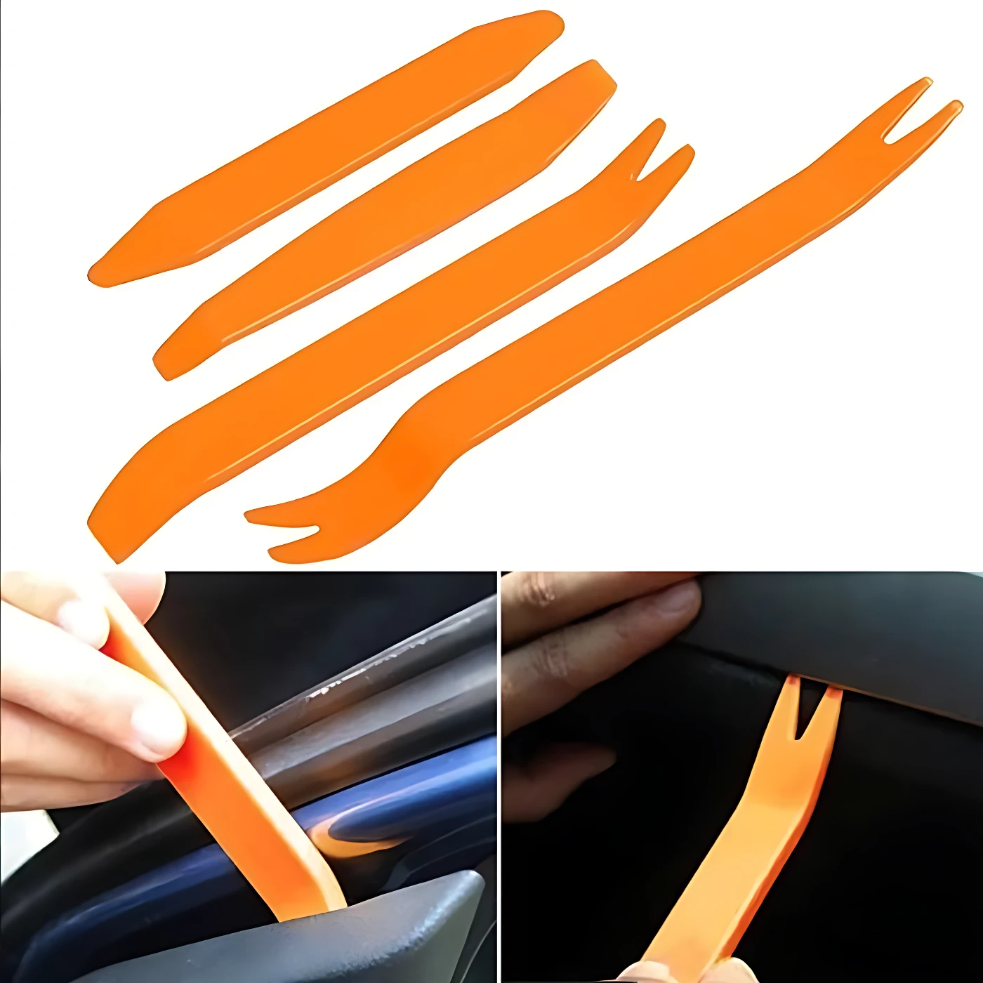 Set de dos herramientas plásticas naranjas para autos, con puntas planas y bifurcadas, usadas para extraer molduras y paneles sin rayar.