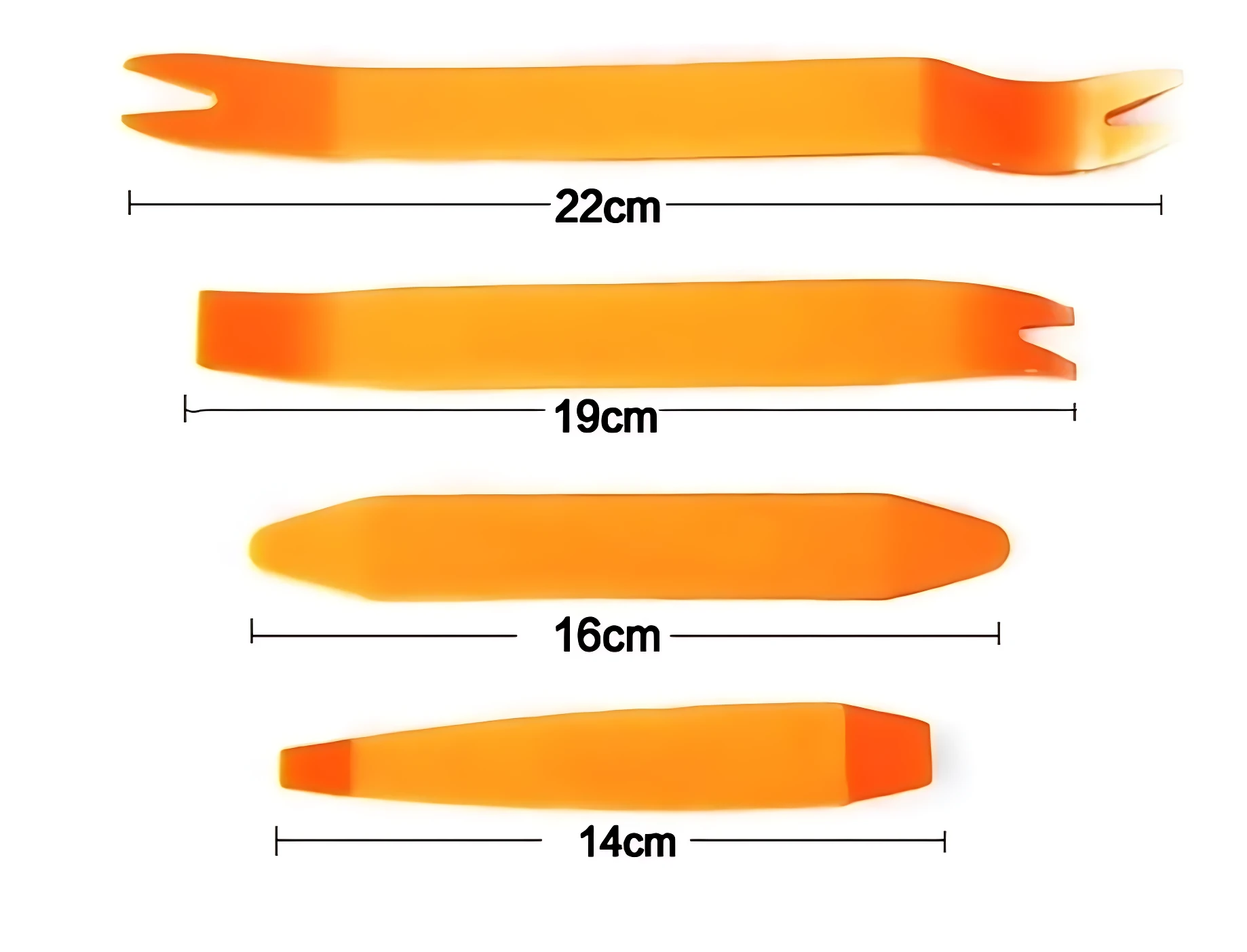 Cuatro herramientas plásticas naranjas para autos, con medidas de 22, 19, 16 y 14 cm, diseñadas para extraer molduras y paneles sin rayar.