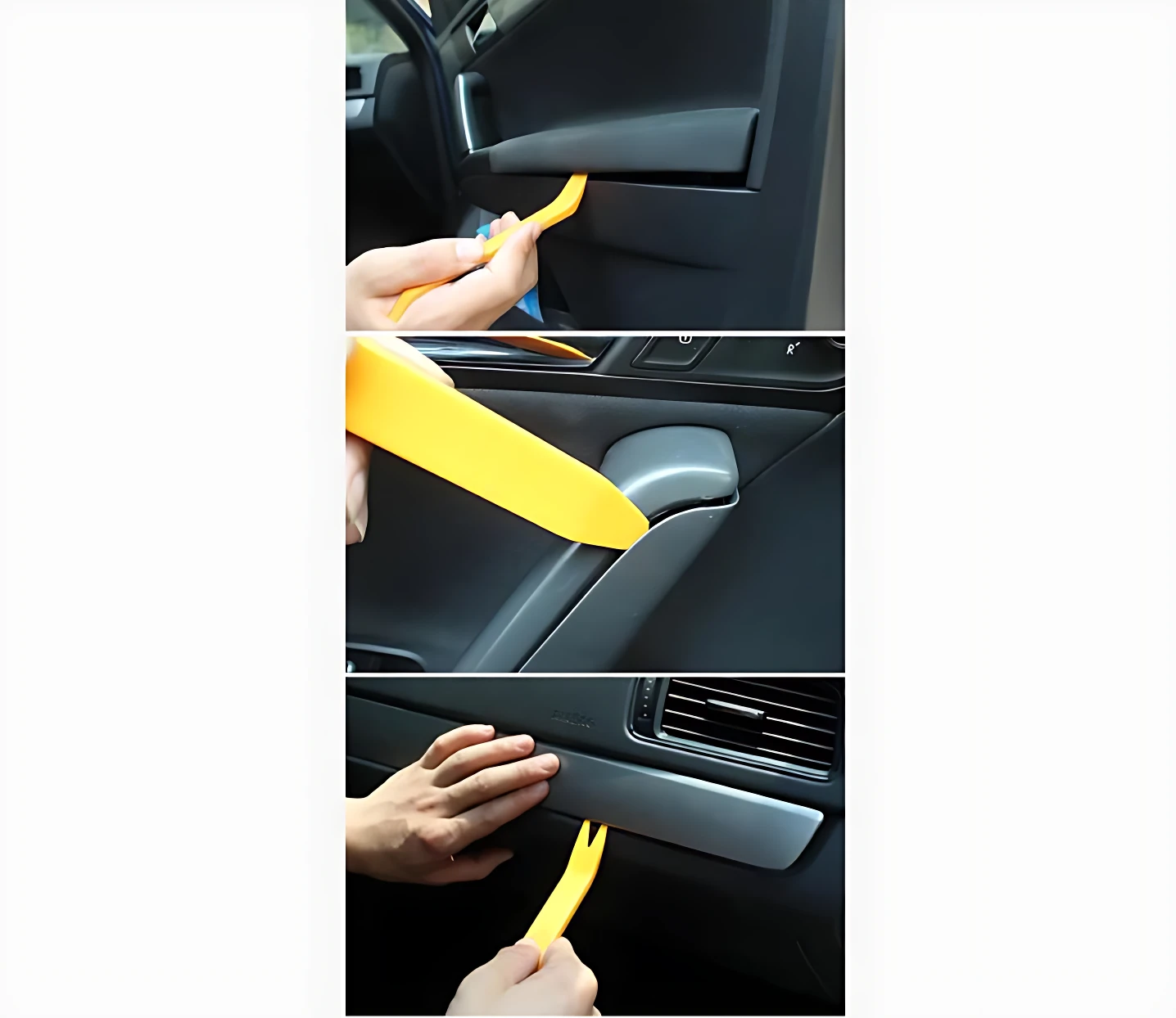 Herramienta plástica amarilla para desmontar molduras de auto sin rayar, mostrando su uso en puerta y panel central.