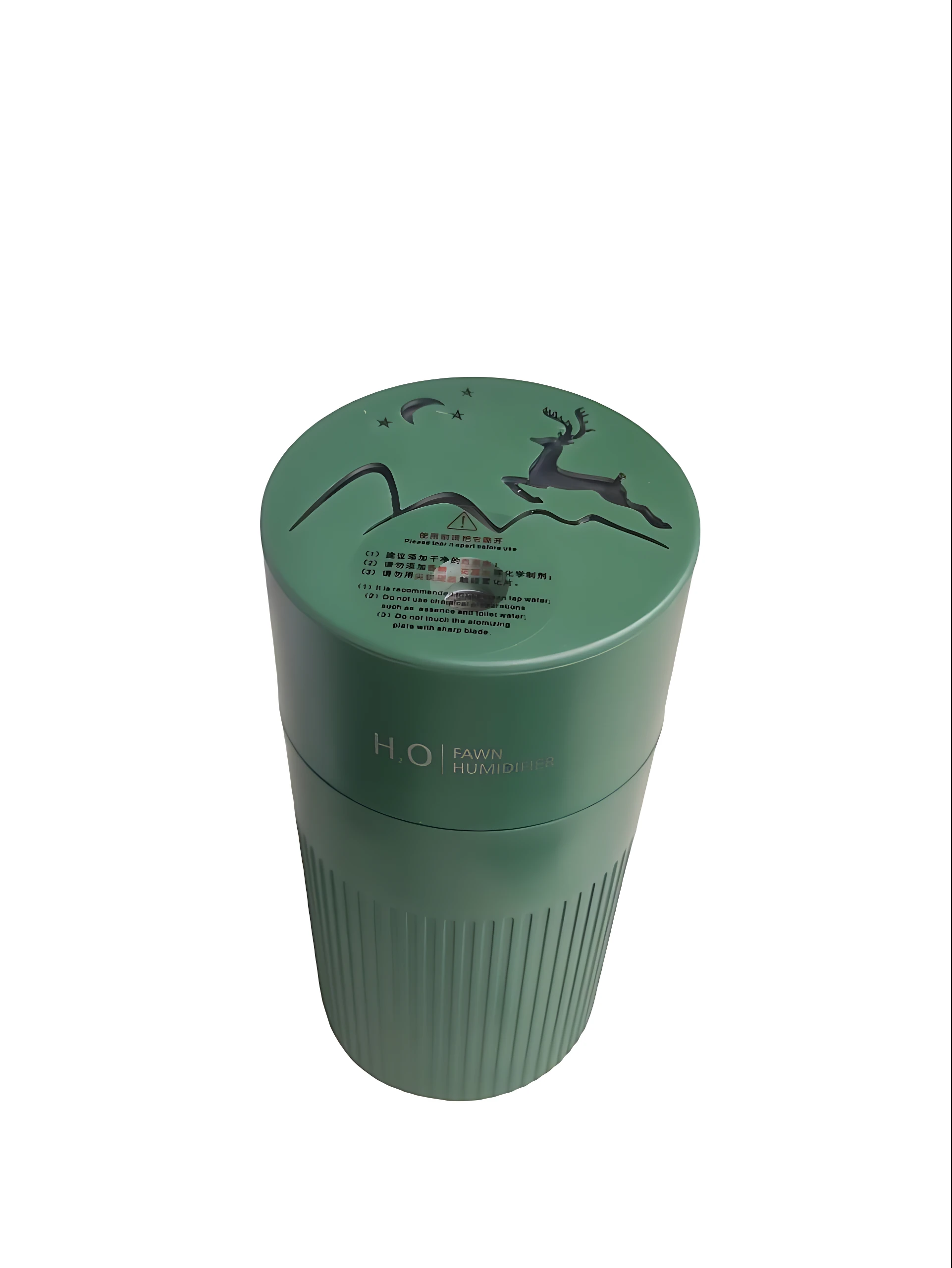 Humidificador difusor verde H₂O Fawn con diseño de ciervo y luna.