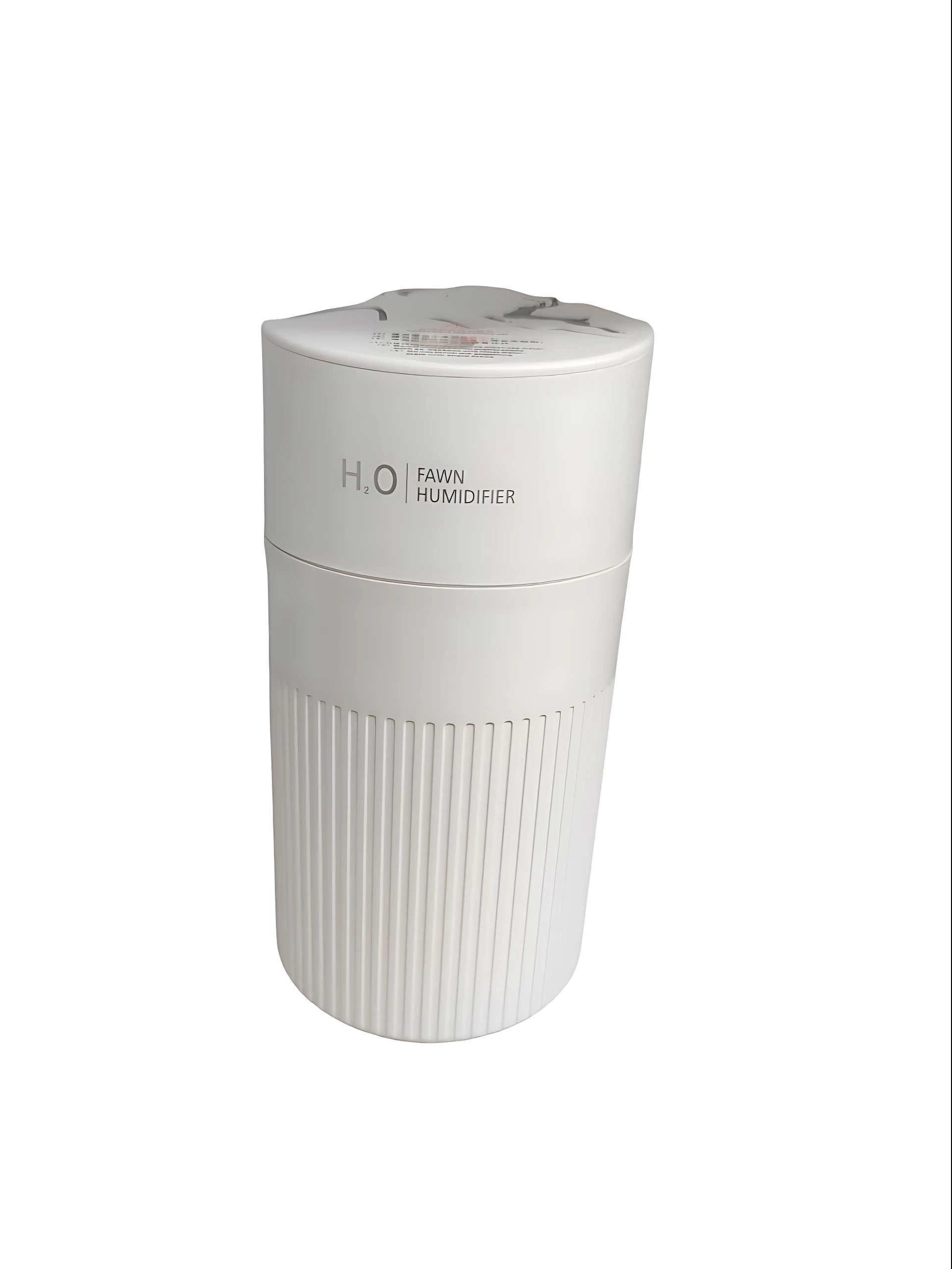 Humidificador difusor blanco con H₂O, FAWN HUMIDIFIER y textura acanalada.