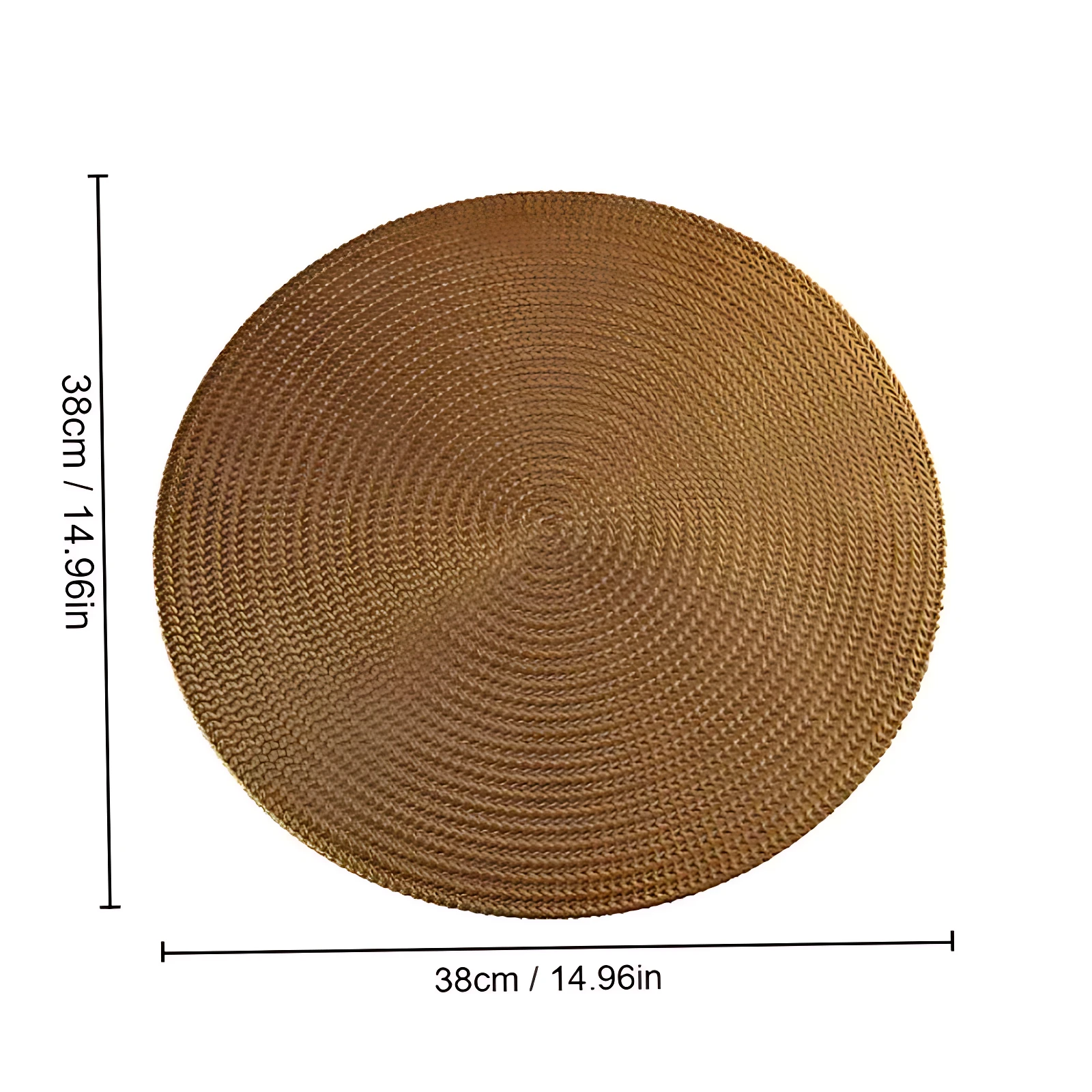 Placemat redondo tejido en color marrón claro, con textura visible y medidas de 38 cm de diámetro. Ideal para proteger y decorar mesas.