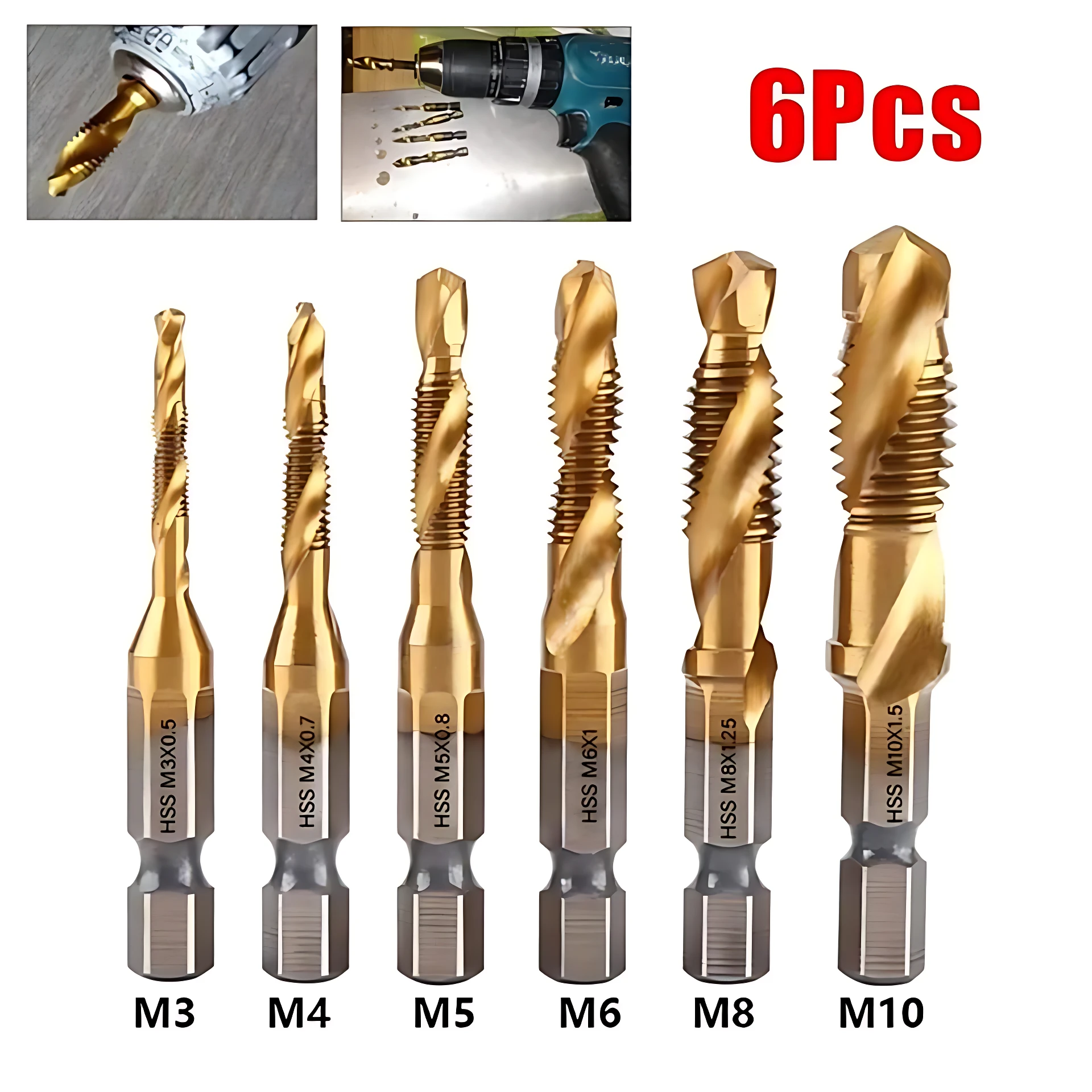 Juego de seis brocas combinadas HSS doradas para taladro, con rosca métrica M3 a M10, mostrando detalles de corte y uso en taladro eléctrico.