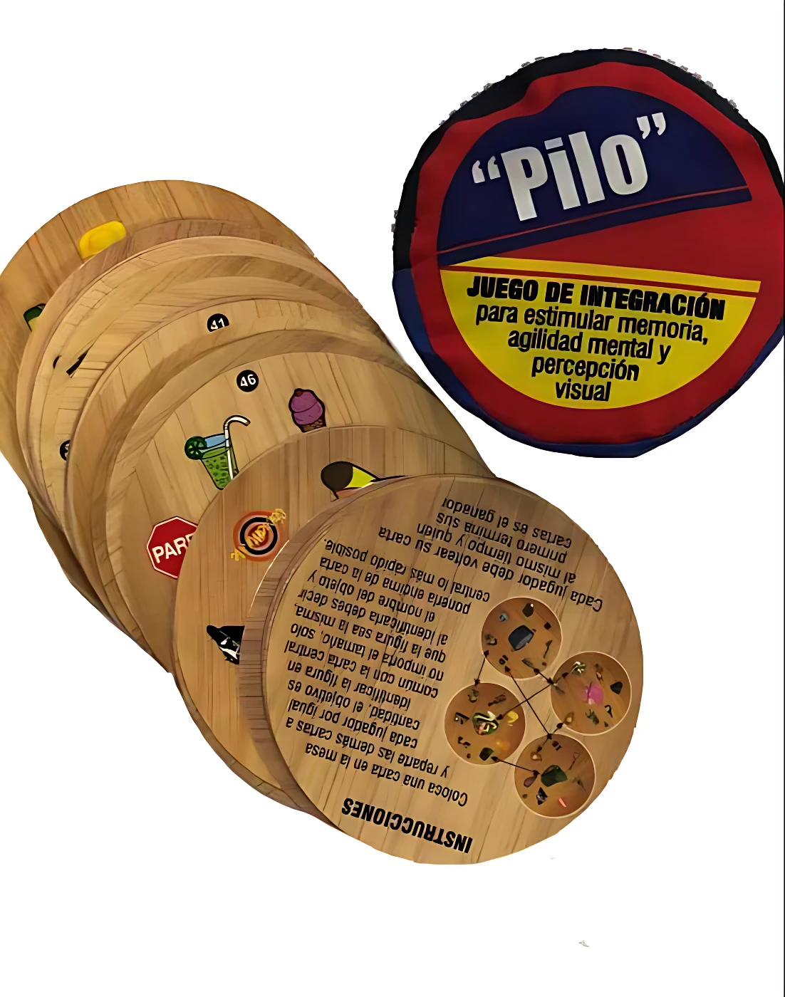 Juego de mesa Pilo de madera con piezas circulares y tarjetas ilustradas, diseñado para estimular memoria y concentración en grupo.