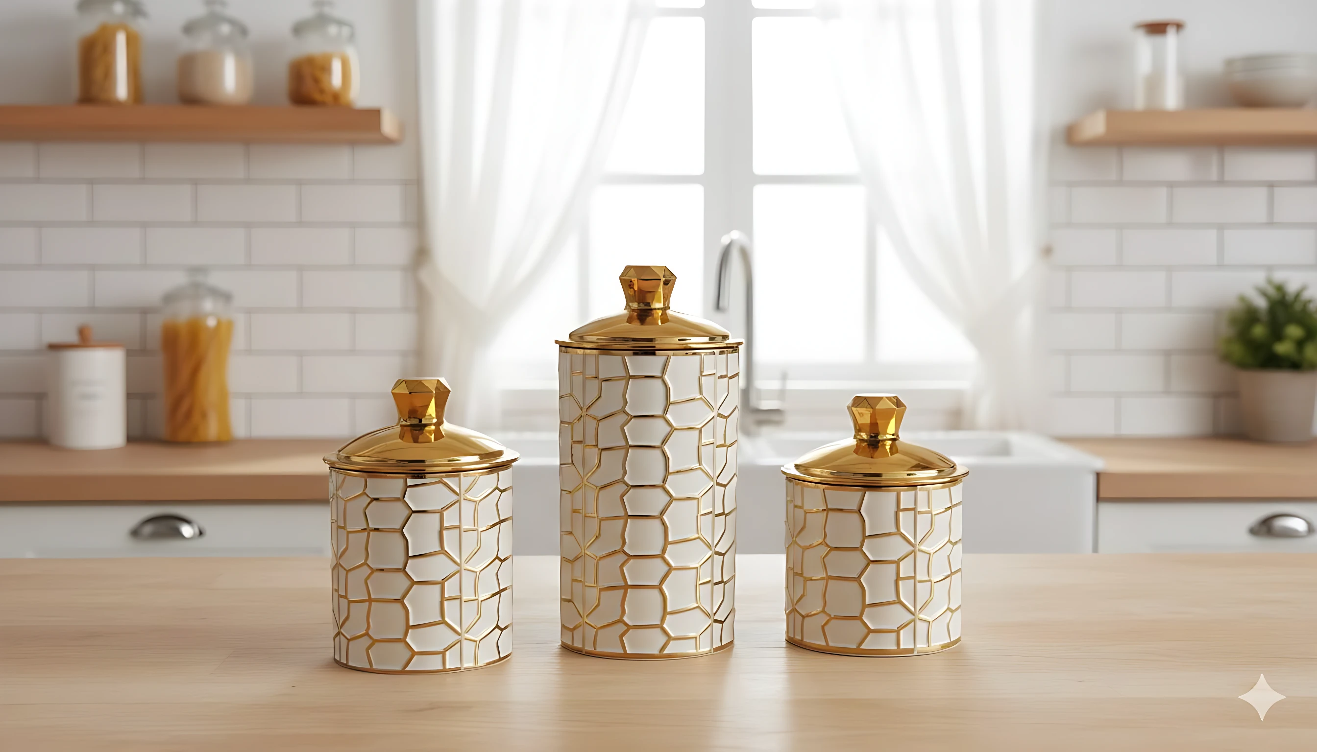 Tres recipientes cilíndricos con tapa dorada y diseño geométrico de rombos en blanco y oro. Variación de tamaños sobre encimera de madera en cocina luminosa con azulejos blancos.