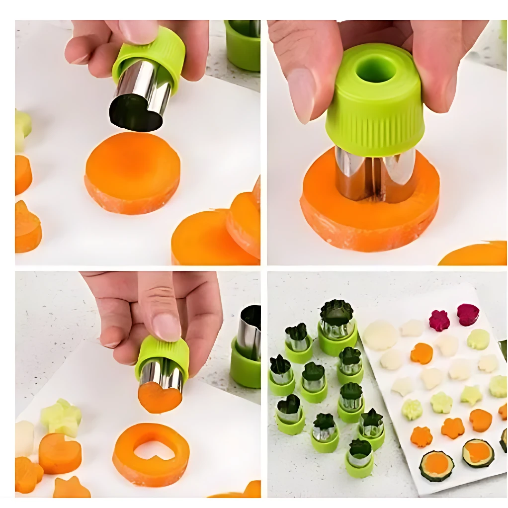 Cuatro paneles muestran el uso de moldes de plástico verde con pinchos metálicos para cortar zanahorias en formas divertidas, incluyendo círculos, estrellas y corazones, sobre superficie blanca.