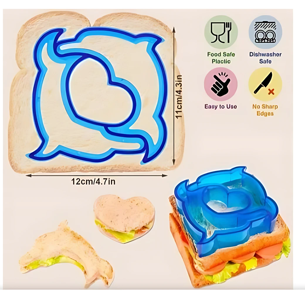 Moldes de silicona azul para pan con forma de animal y corazón, medidas 12x11 cm, con pinchos para lonchera infantil.