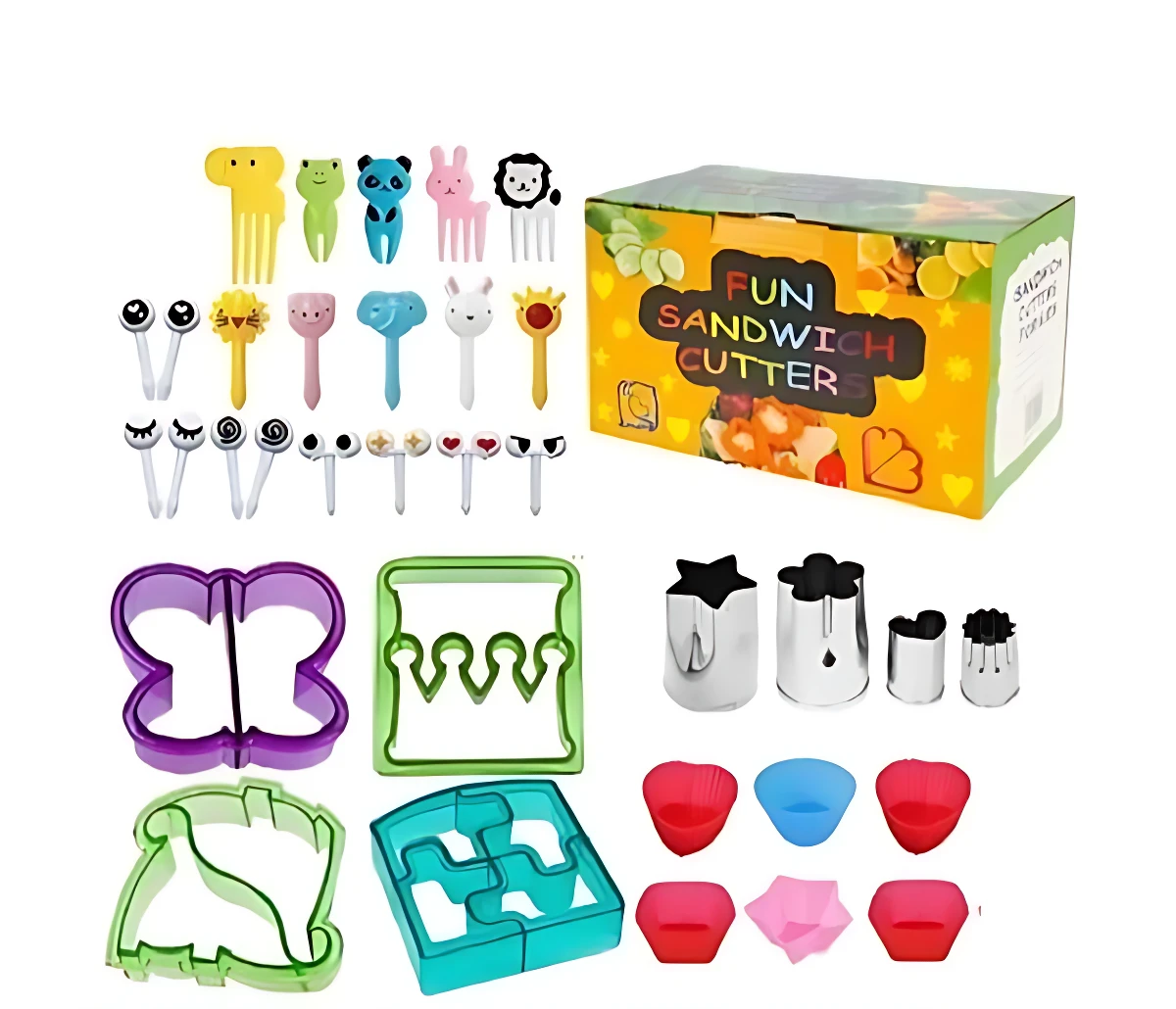 Kit de moldes y pinchos para lonchera con formas de animales, estrellas y corazones en colores vivos, ideal para decorar sándwiches infantiles.