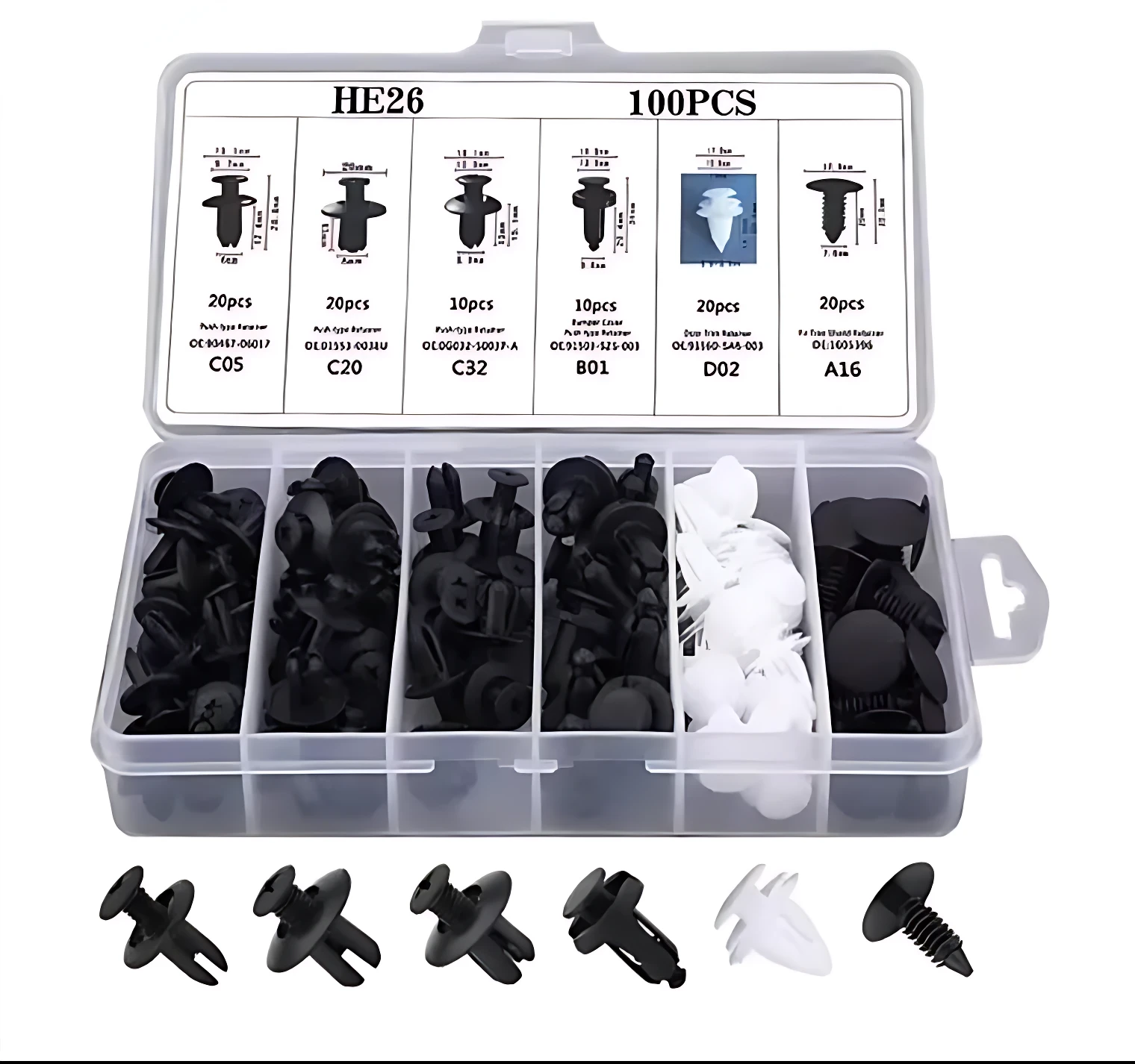 Kit de 100 pines plásticos para carrocería automotriz en caja transparente con compartimentos organizados, incluye variantes negras y blancas, etiquetas con códigos y cantidades visibles.