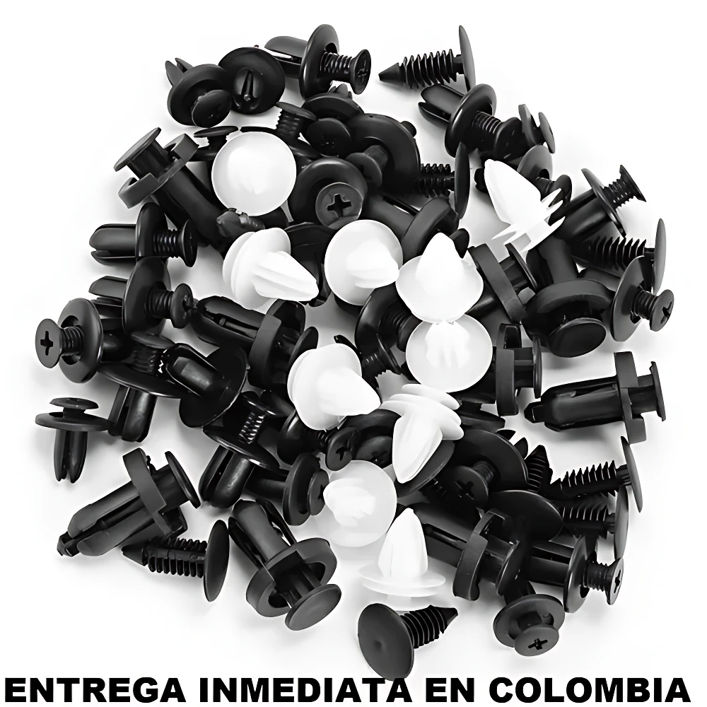 Kit de pines plásticos negros y blancos para carrocería automotriz, con cabeza redonda y base de fijación, dispuestos en pila sobre fondo blanco.
