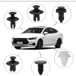 Kit de pines plásticos negros para carrocería automotriz, mostrando vistas detalladas del mecanismo de sujeción y aplicación en vehículo blanco.