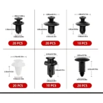 Kit de 100 pines plásticos para carrocería automotriz en seis variantes: negros y blancos, con medidas detalladas y cantidades por tipo (20 o 10 unidades).