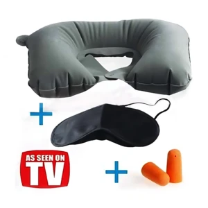 Kit de viaje inflable gris con antifaz negro y tapones naranjas.