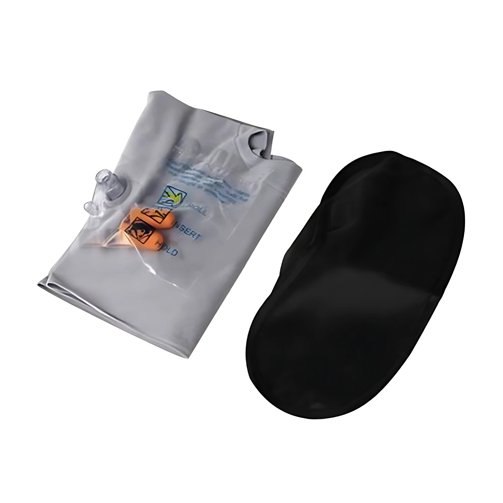 Kit viaje: mascarilla negra y tapones naranjas dentro de bolsa gris con válvula.