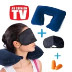 Kit de viaje azul con almohada inflable, antifaz y tapones para oídos en un modelo de exhibición.