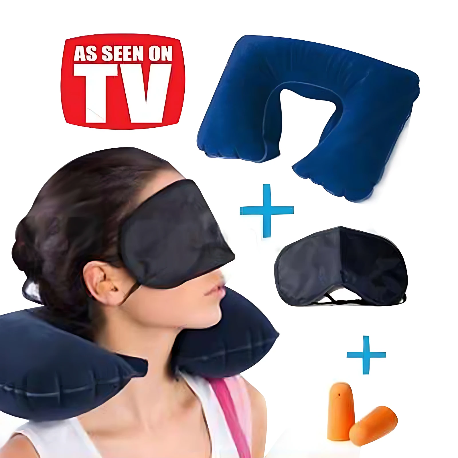 Kit de viaje azul con almohada inflable, antifaz y tapones para oídos en un modelo de exhibición.