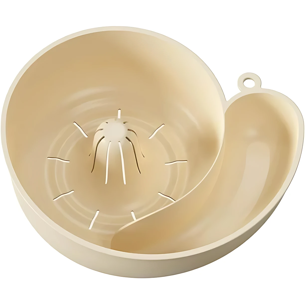 Lavador y escurridor de frutas caracol color beige, con base para exprimir y recipiente para servir.