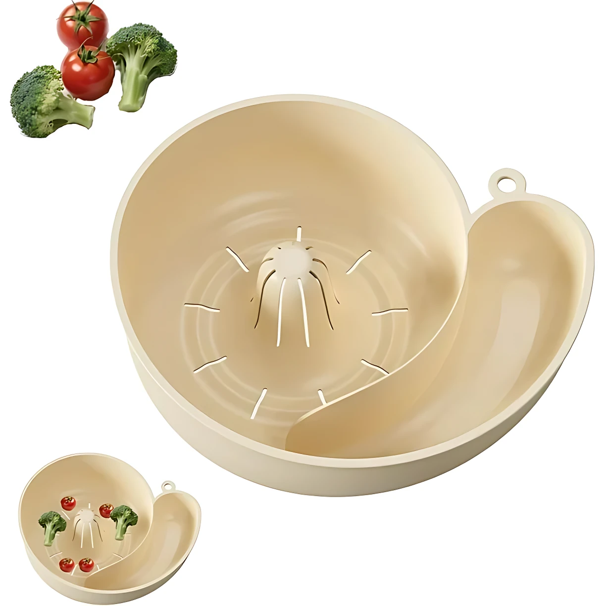 Set x2 lavador y escurridor de frutas caracol color beige, ideal para lavar y servir.