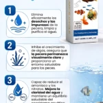 Botella de 100 ml del limpiador de agua Clear Balance Cycle, con etiqueta blanca y azul que muestra funciones clave como eliminación de desechos, control de algas y reducción de amoníaco, junto a ilustraciones de peces y plantas acuáticas.