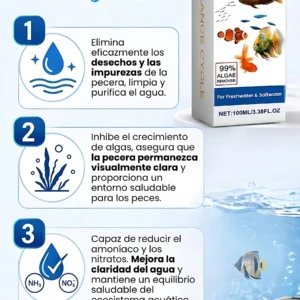 Botella de 100 ml del limpiador de agua Clear Balance Cycle, con etiqueta blanca y azul que muestra funciones clave como eliminación de desechos, control de algas y reducción de amoníaco, junto a ilustraciones de peces y plantas acuáticas.