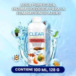 Botella blanca de 100 ml de Clear Balance Cycle, con etiqueta que muestra peces y algas, rodeada de burbujas de agua y organismos acuáticos, para eliminar algas en acuarios.