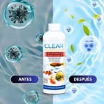 Botella blanca de Clear Balance Cycle, limpiador de agua para acuario con enzimas. Muestra antes y después: agua turbia con bacterias vs. cristalina con peces. Etiqueta indica uso en agua dulce y salada.