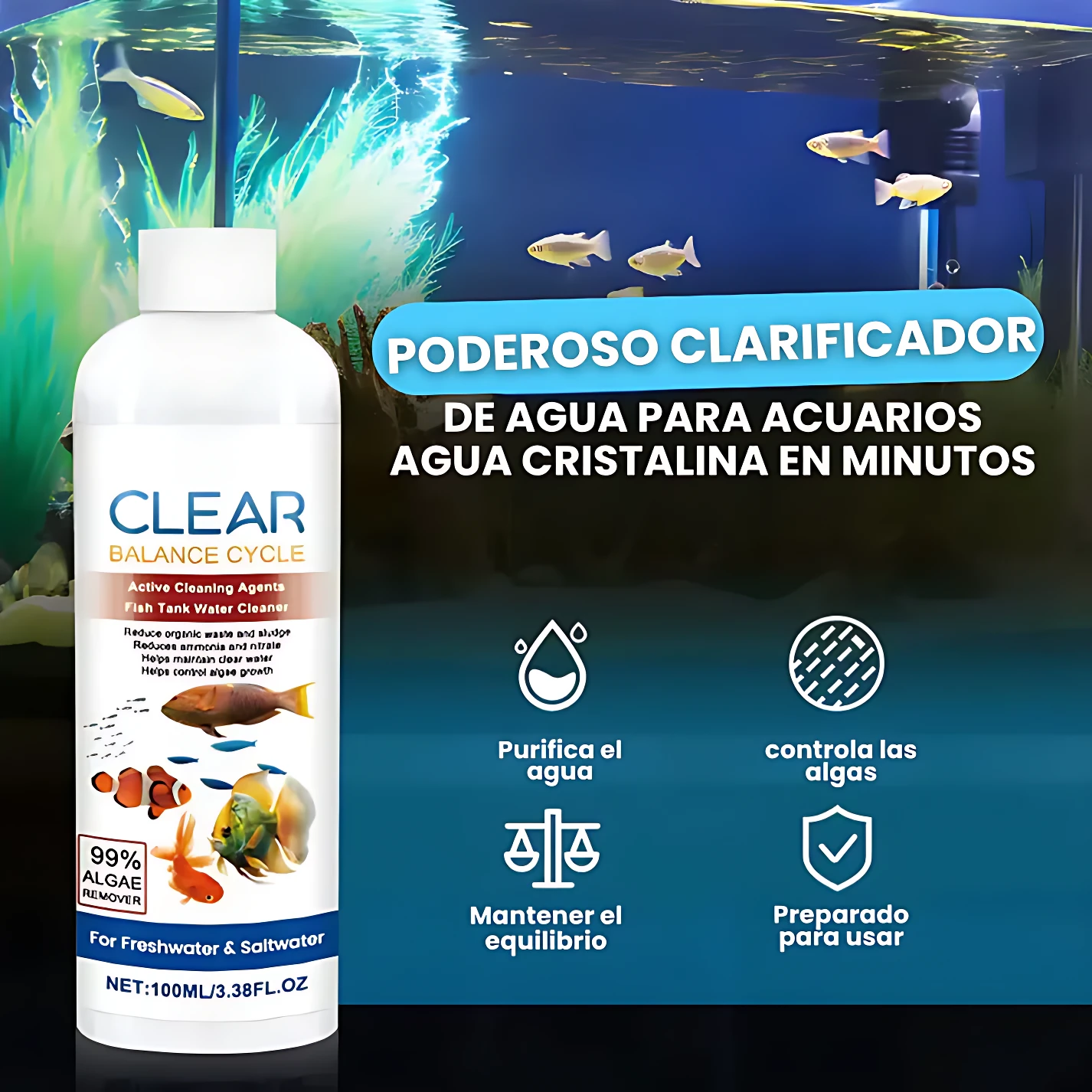 Botella de 100 ml de Clear Balance Cycle, clarificador de agua para acuarios, con etiqueta blanca y fondo submarino.