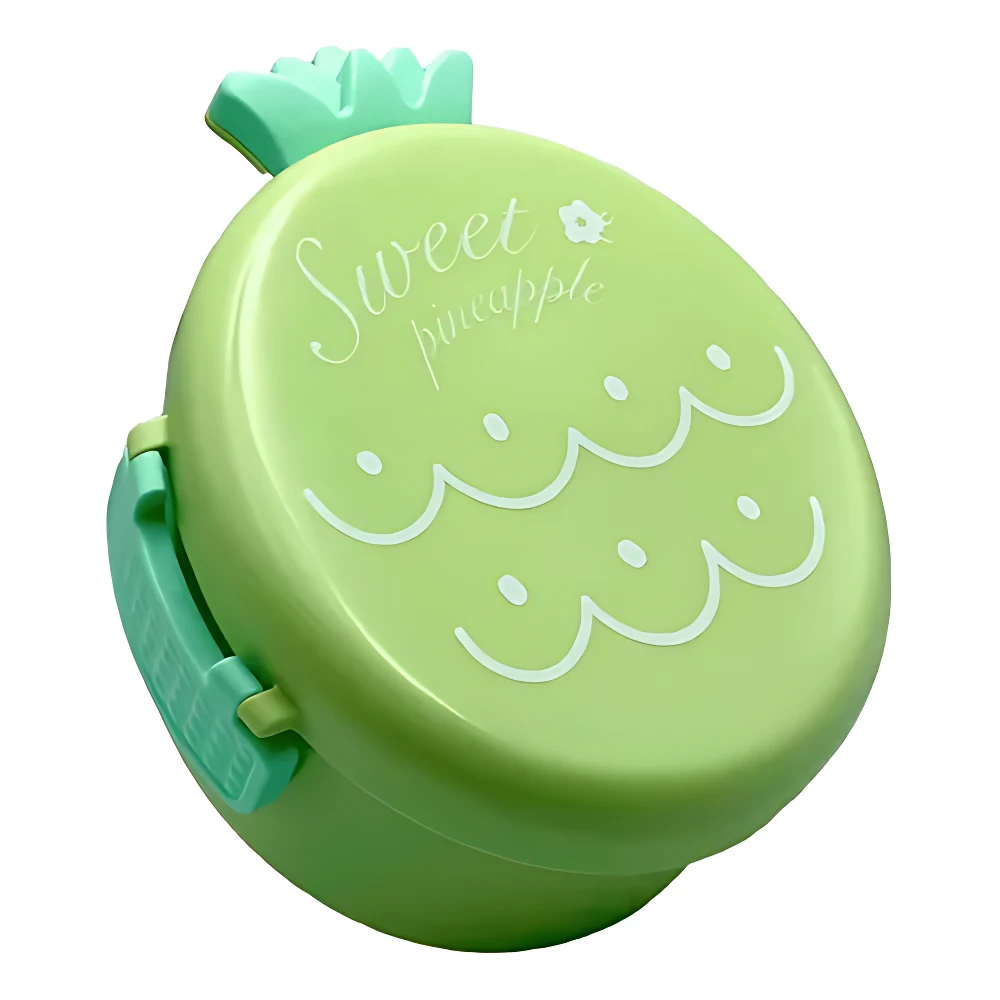 Lonchera térmica en forma de piña verde con diseño de hojas y texto Sweet pineapple. Tapas con cierre lateral y detalles decorativos en blanco.