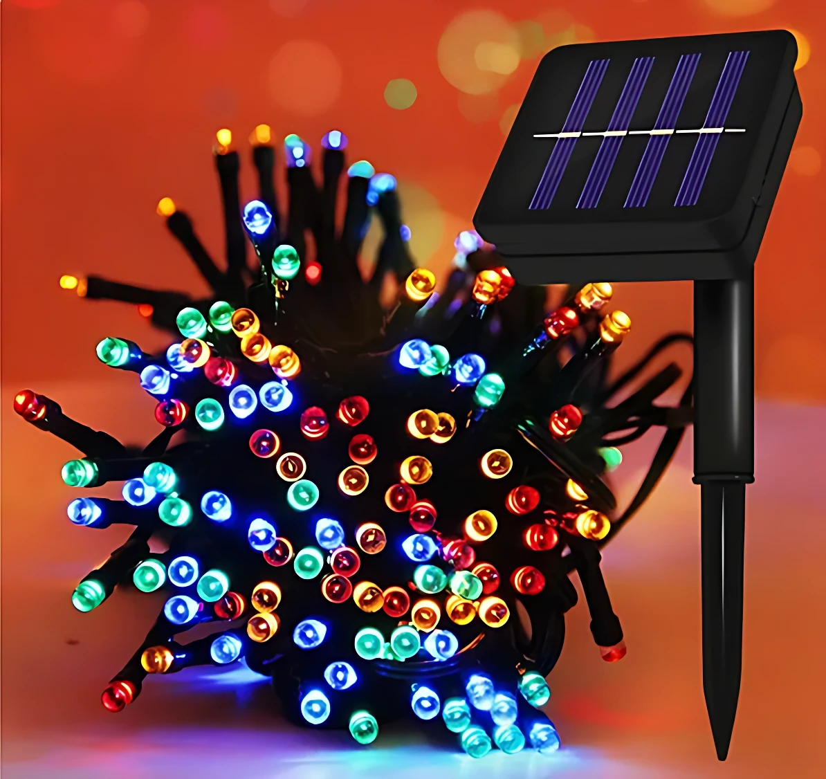 Luces LED solares exteriores con panel negro y clavija, multicolor, ideales para jardín