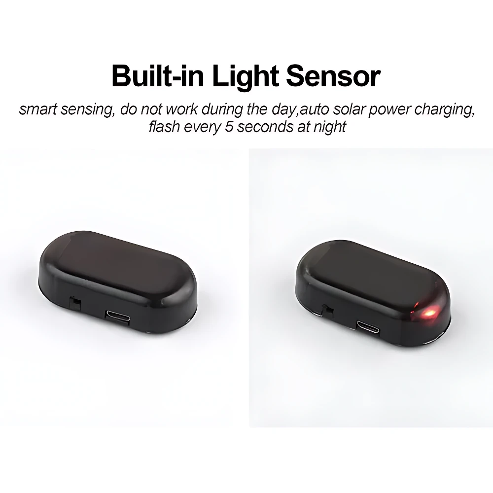 Dispositivo antirrobo solar negro con sensor de luz, mostrando vista frontal y lateral con indicador LED rojo encendido.