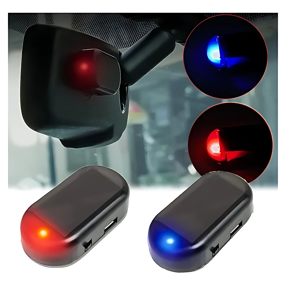 Luz solar antirrobo para coche en negro, con luces LED roja y azul visibles, montada en parabrisas y mostrada en dos colores.