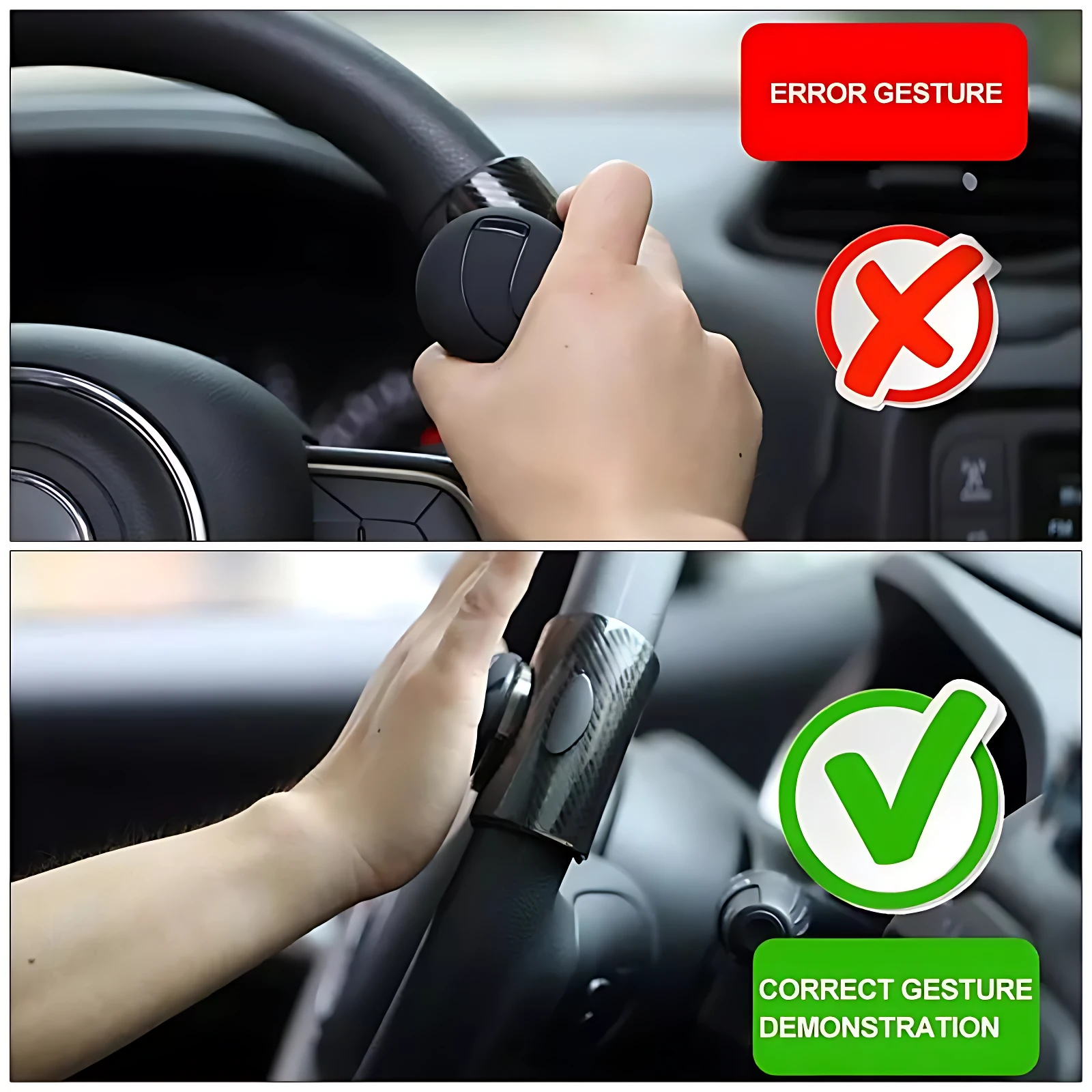 Mango giratorio 360° para volante de auto, en negro con textura de fibra de carbono. Muestra uso correcto e incorrecto de la mano sobre el accesorio montado en volante.