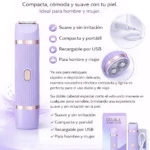 Rasuradora eléctrica doble cabezal lila, recargable por USB, para piel suave sin irritación.