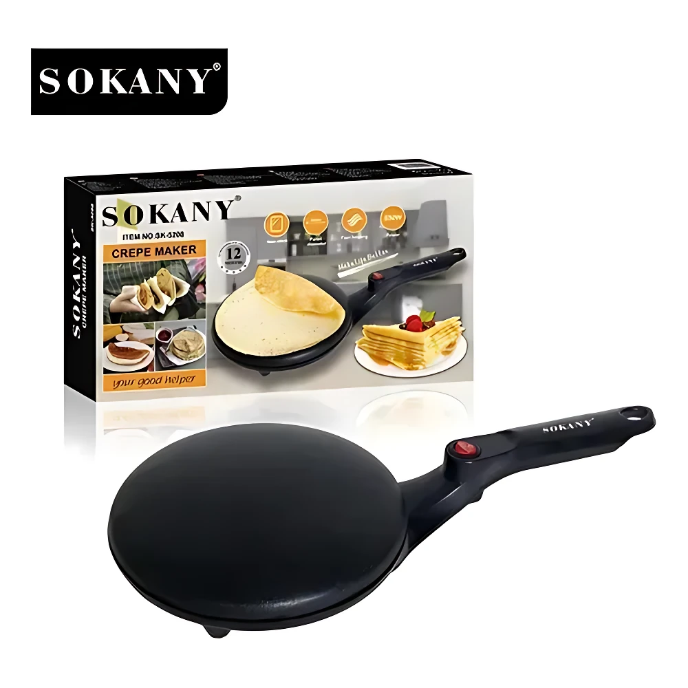 Máquina eléctrica crepes Sokany compacta en color negro, con mango ergonómico y superficie plana para preparar tortillas finas. Incluye caja de presentación con ilustraciones de uso.