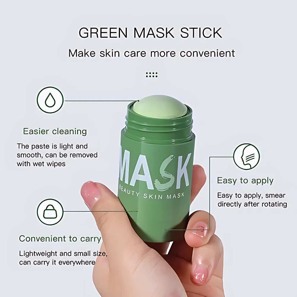 Barra de mascarilla facial verde para control de grasa y minimización de poros, de fácil aplicación y limpieza.