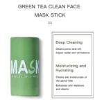 Barra de mascarilla facial verde para limpieza profunda e hidratación, con texto "MASK" y beneficios.