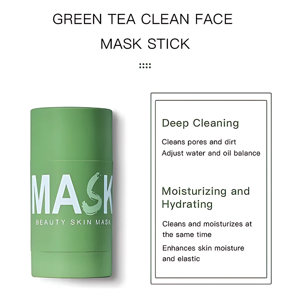 Barra de mascarilla facial verde para limpieza profunda e hidratación, con texto "MASK" y beneficios.