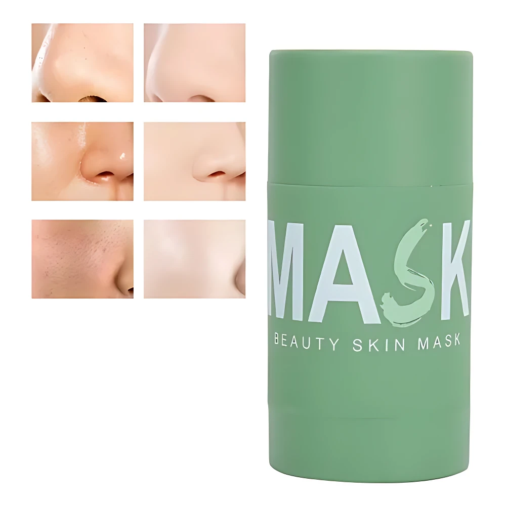 Barra de mascarilla facial verde para control de grasa y minimización de poros, con muestras de antes y después.