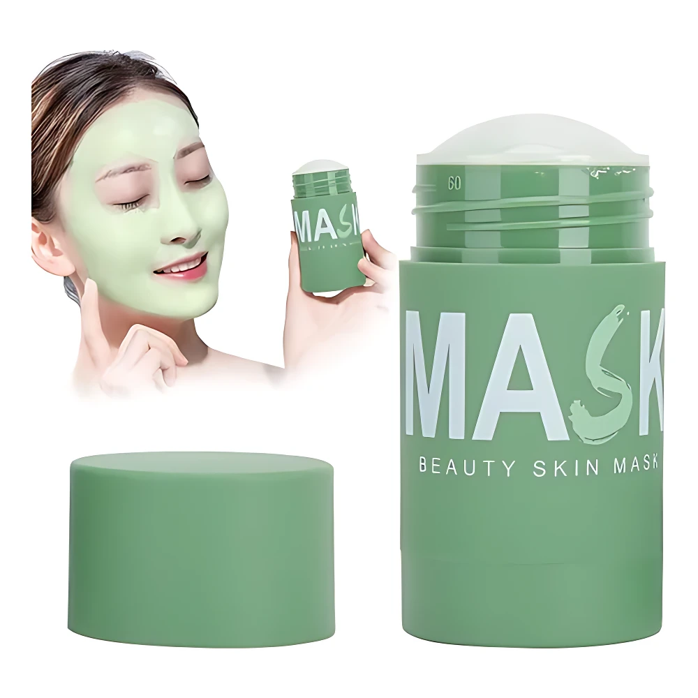 Barra de mascarilla facial de té verde con tapa verde, ideal para controlar grasa y minimizar poros.