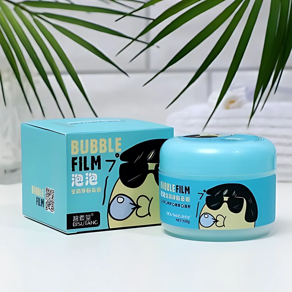 Set de mascarillas faciales BUBBLE FILM en envase azul con caricatura, para limpieza profunda y renovación de piel.