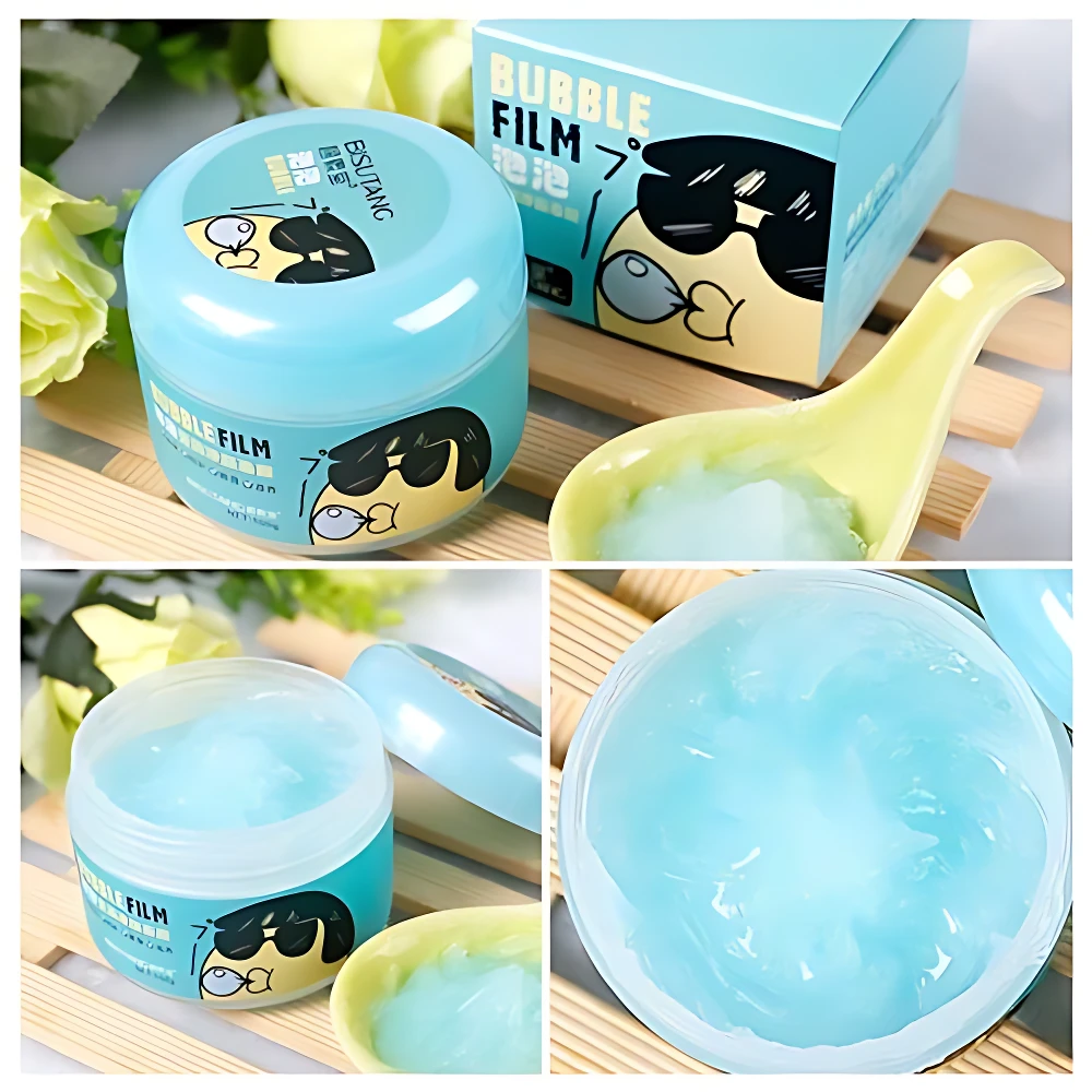 Set de 3 mascarillas de limpieza profunda en gel azul, en envase y caja con diseño animado, para purificar poros y renovar piel.