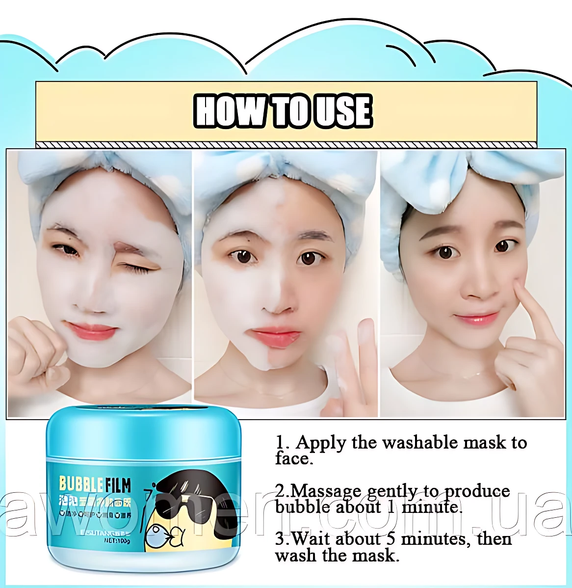 Crema "Bubble Film" para limpieza profunda de poros, con instrucciones de uso en 3 pasos.