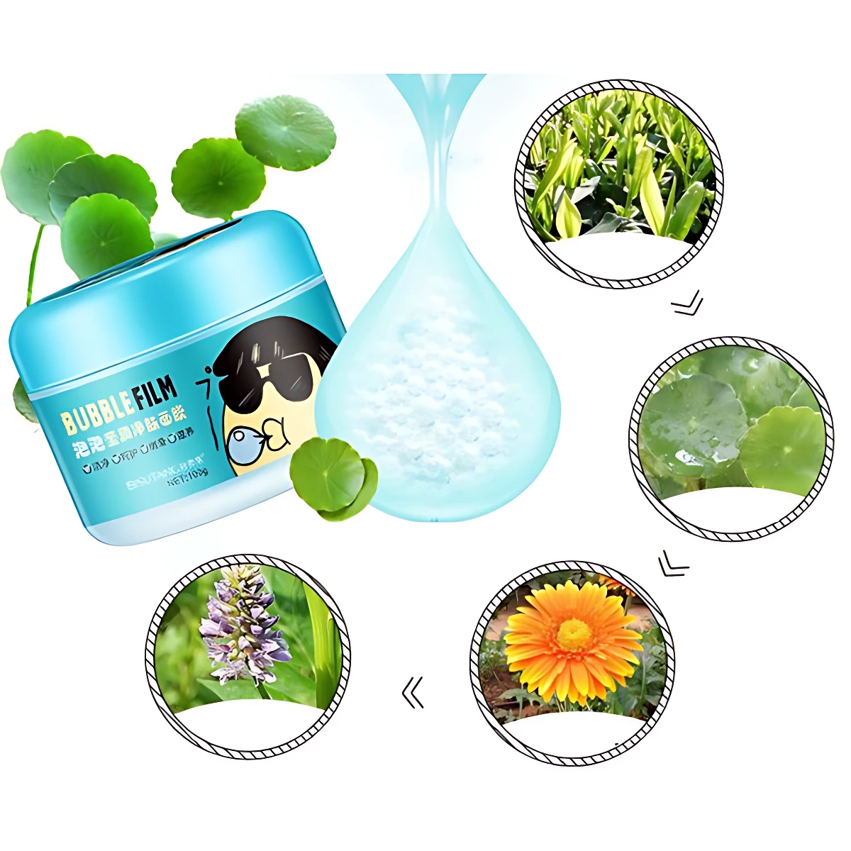 Mascarilla BUBBLE FILM en tarro azul con caricatura, textura de burbujas, extractos de plantas y flor.
