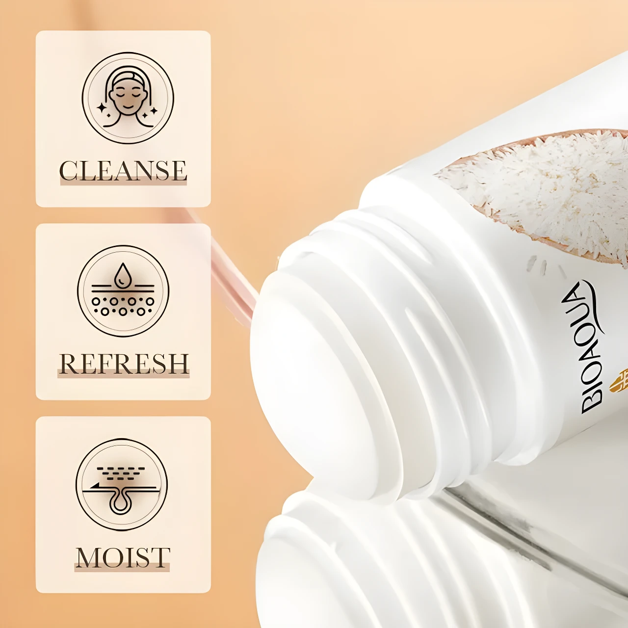 Mask Stick de Arroz Bioaqua blanco, con iconos de limpieza, refresco e hidratación.