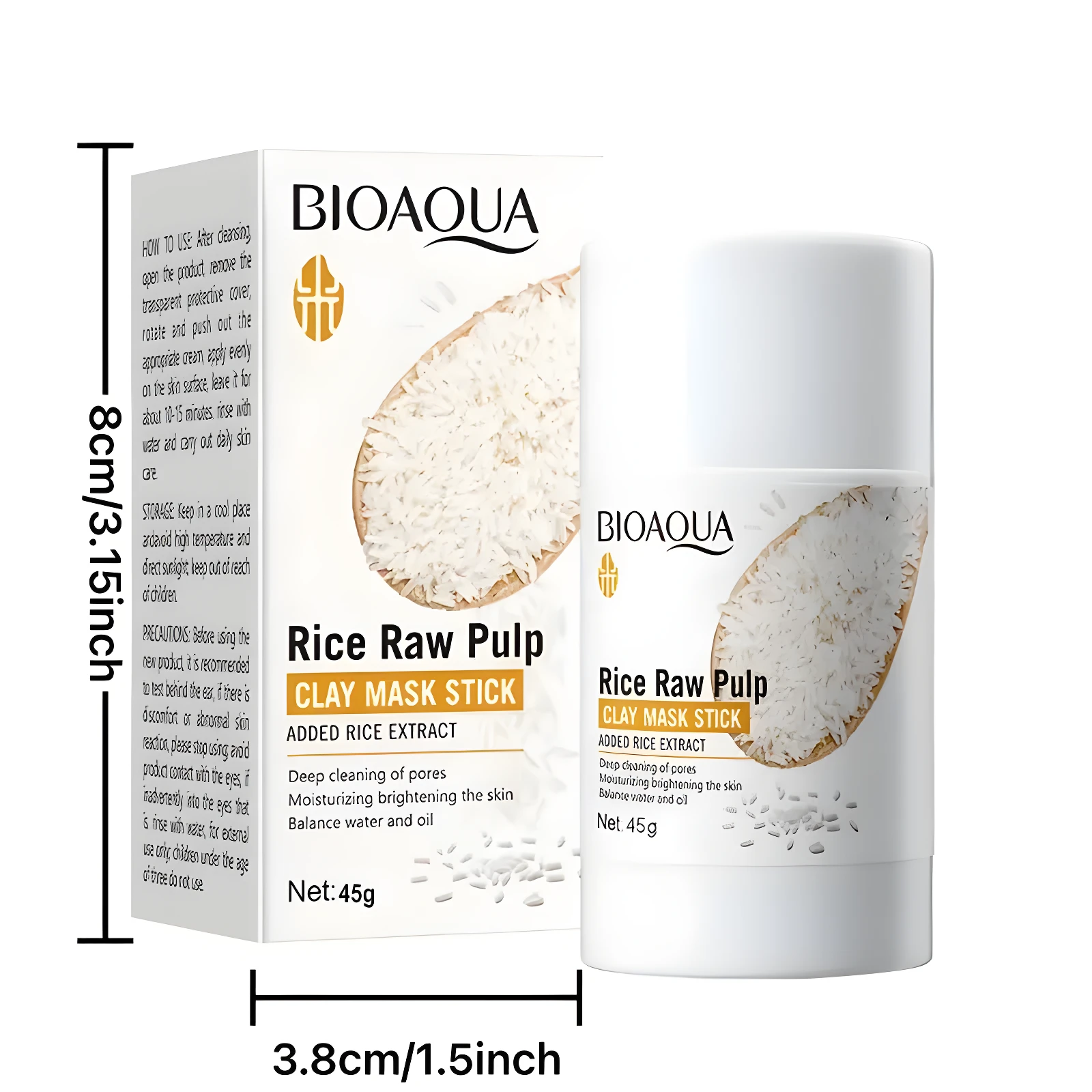 Bioaqua Mask Stick de arroz, tarro blanco con tapa, 45g, ideal para limpiar y tonificar piel.