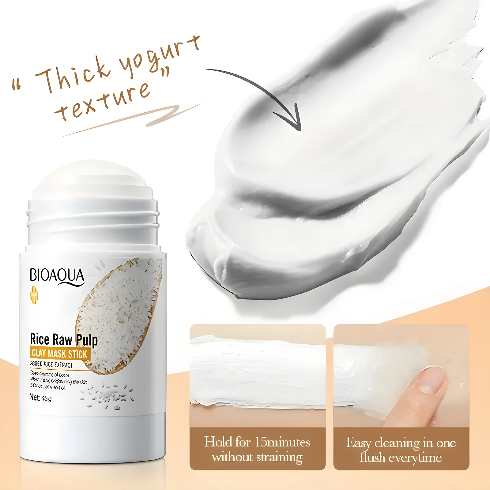 Bioaqua Mask Stick de Arroz con textura cremosa, ideal para limpiar y humectar la piel. Contenido neto 45g.