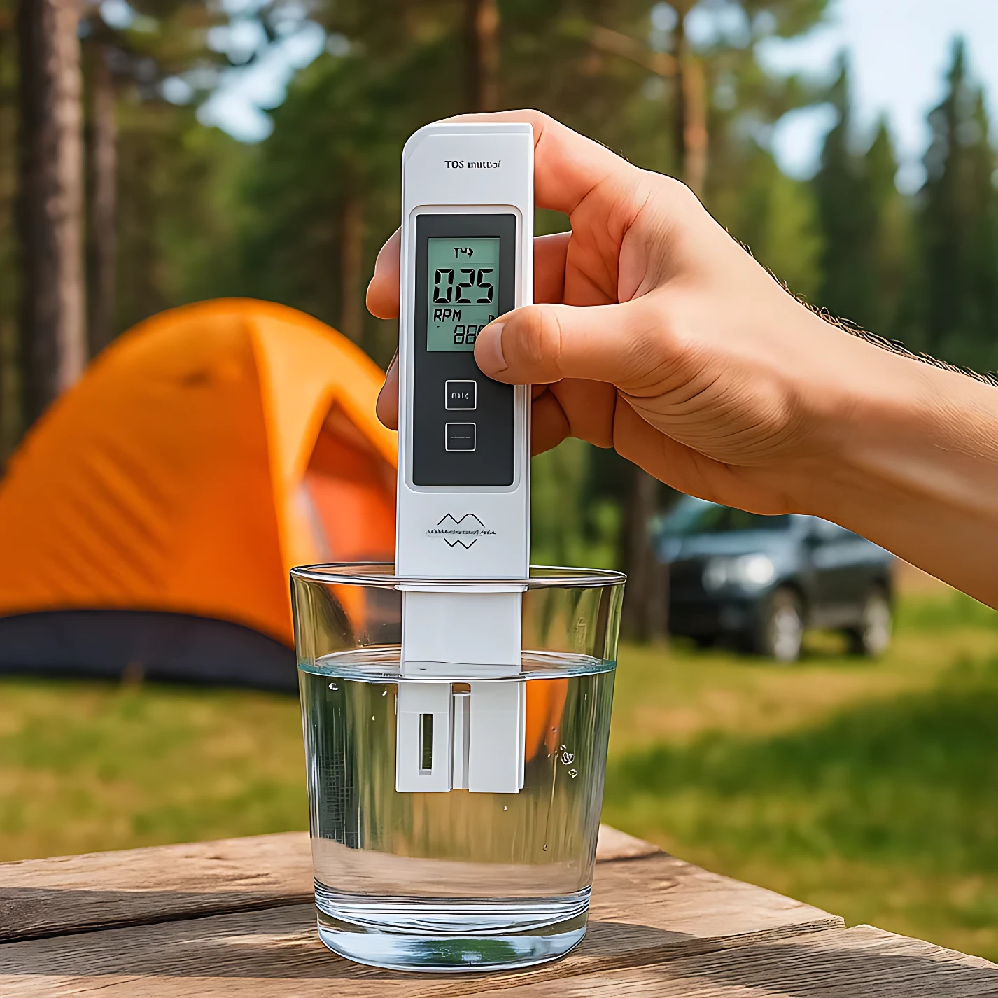 Medidor digital TDS blanco midiendo agua en vaso transparente, con pantalla LED mostrando valores de conductividad y temperatura, sostenido por mano sobre mesa de madera al aire libre.